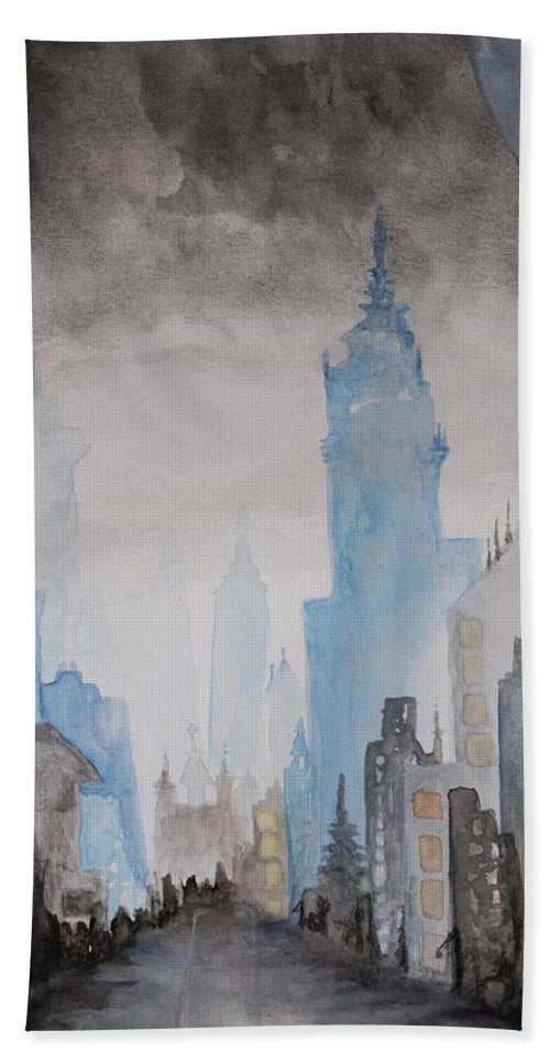 A watercolor emotional artwork depicting a rainy cityscape scene printed on a towel.