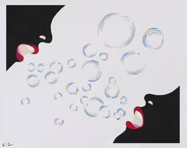 Ahhhh is an emotional artwork, a Heartwork, by Kristen Avolio of two females silhouettes blowing bubbles at each other.