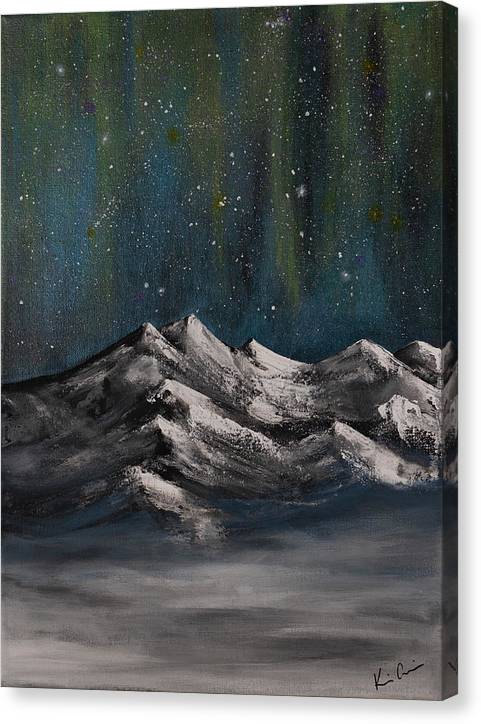 Celestial Peaks is an emotional artwork, a Heartwork, by Kristen Avolio showing a snowy mountain top under an aurora borealis sky.