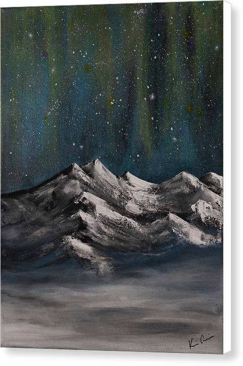 Canvas print of snowy mountain top under northern lights, white wrap