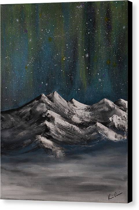 Canvas print of snowy mountain top under northern lights, black wrap