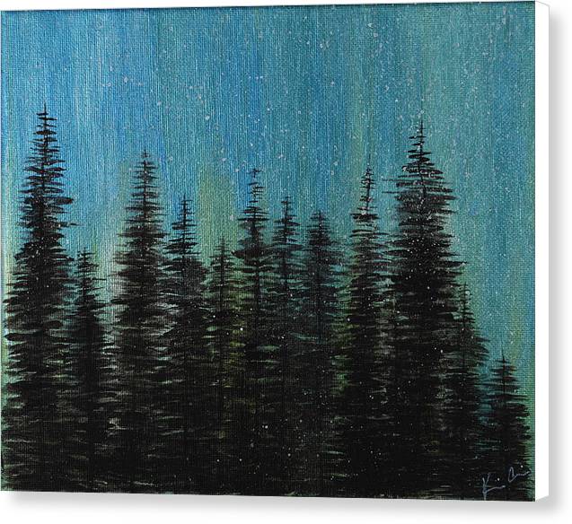 Crowned By The Lights is an emotional artwork, a Heartwork, by Kristen Avolio showing a forest under an aurora borealis sky.