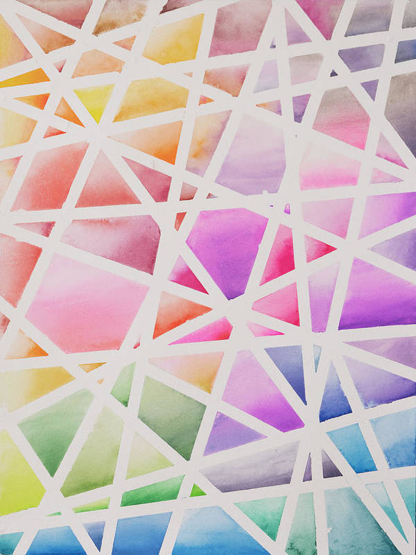 Kaleidoscope is an emotional artwork, a Heartwork, by Kristen Avolio of white lines intersecting to make triangles on a multi-colored background.