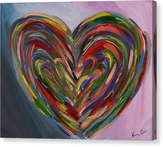 LG Hues of the Heart is acolorful emotional artwork, a Heartwork, by Kristen Avolio depicting a rainbow heart shape on pink background.