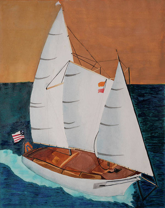 Sail Boat is an emotional artwork, a Heartwork, by Kristen Avolio of a sailboat on blue water under an orange sky.