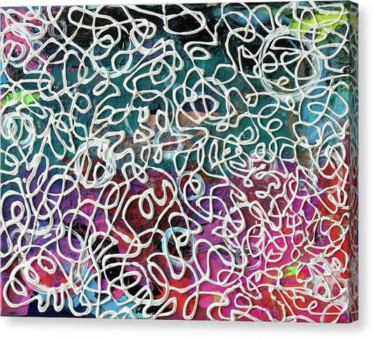 Skabetti & Meatballs is an emotional artwork, a Heartwork, by Kristen Avolio a textured white line squiggle pattern over a colorful background.