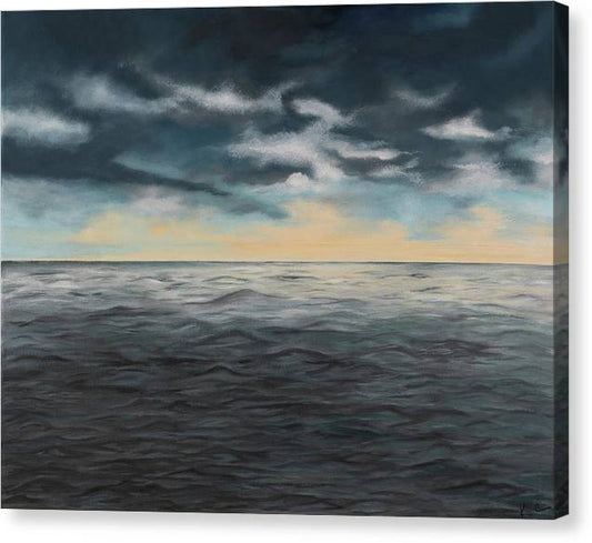 Stormy Seas is an emotional artwork, a Heartwork, by Kristen Avolio depicting  \swirling storm clouds, choppy seas, and stunning sunset on the horizon