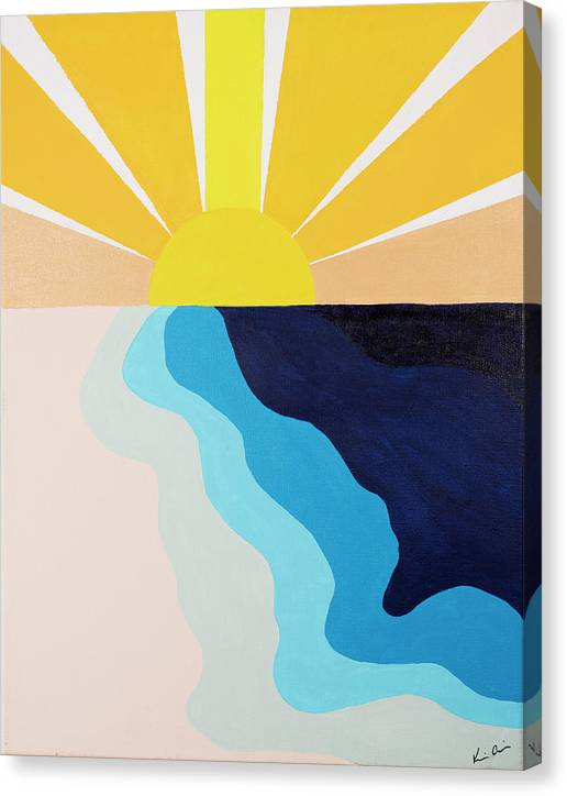 Yellow Sun Rising is an emotional artwork, a Heartwork, by Kristen Avolio of a sun rising with thick yellow and orange rays falling on a blue water and tan beach.